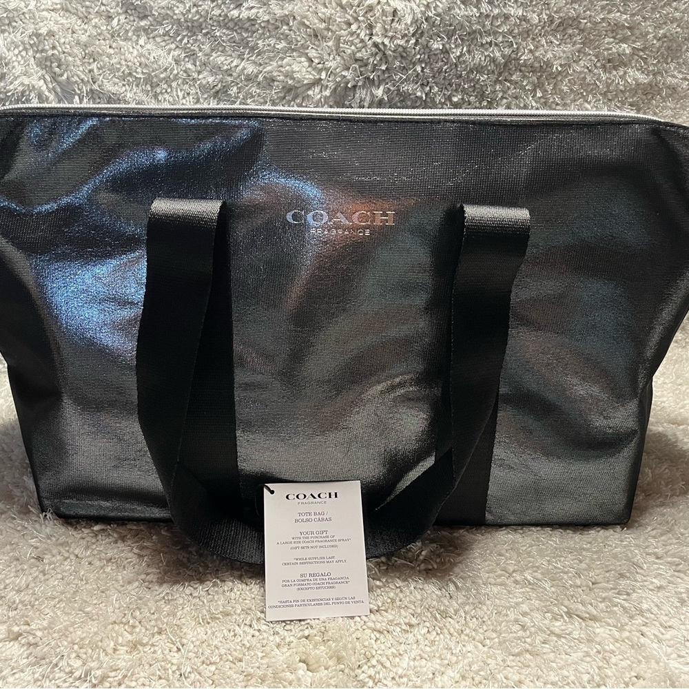 Coach Black Tote Bag with Metallic Finish and Sturdy Handles